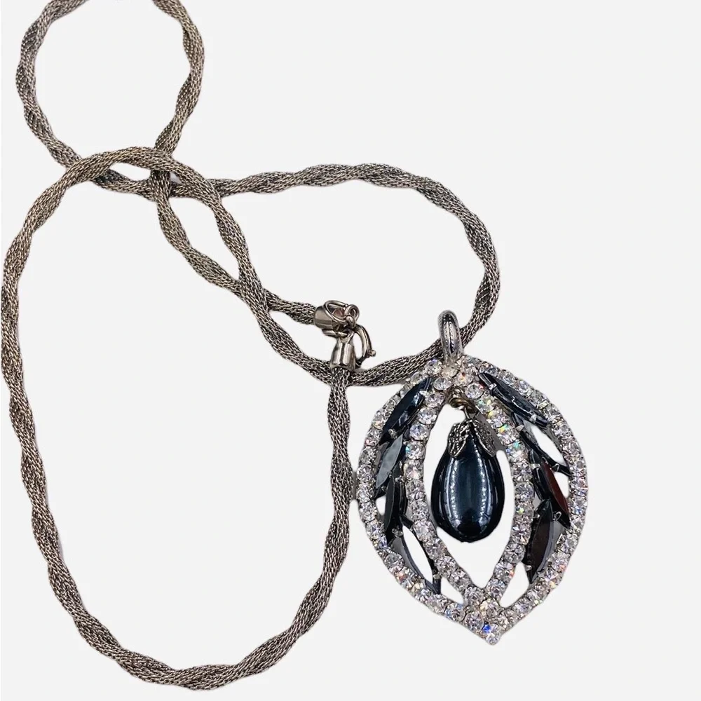 Vintage Juliana Hematite Glass Drop Rhinestone Pendant Necklace